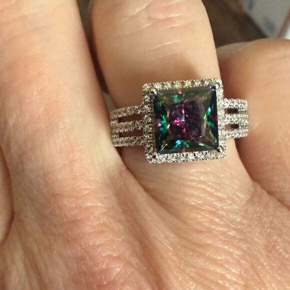 Rainbow Mystic Topaz CZ Princess Cut Ring Sterling Silver New - Picture 4 of 4